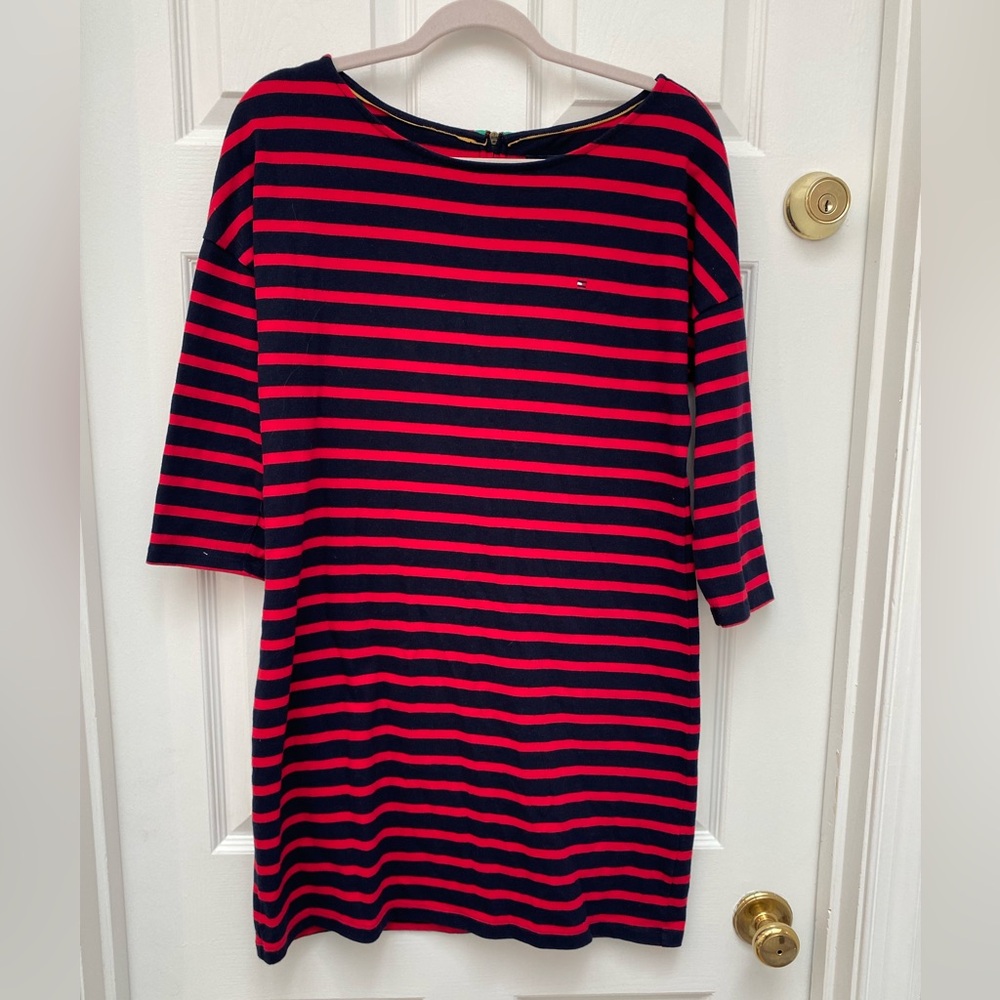 Tommy Hilfiger Red & Navy Striped w Green Back Zipper 3/4 Sleeve Dress - Small